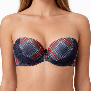 La Vie en Rose Strapless Push Up Bra Blue Red Plaid Lace Overlay Size 34B